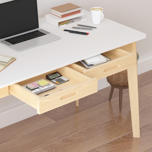 Famapy White Writing Desk with Two Drawers, Modern Home Office Table, White&Natural Wood Legs