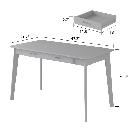 Famapy White Writing Desk with Two Drawers, Modern Home Office Table, White&Natural Wood Legs
