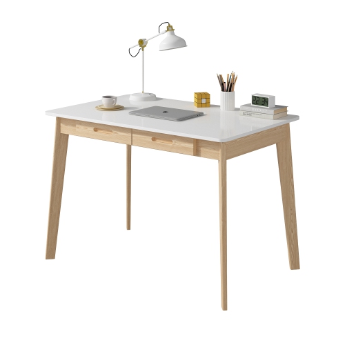 Famapy White Writing Desk with Two Drawers, Modern Home Office Table, Natural Wood Legs