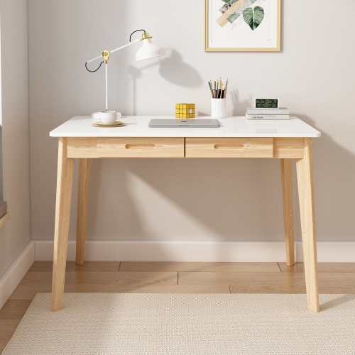 Famapy – Bureau blanc avec deux tiroirs, table de bureau moderne pour la maison, pattes en bois naturel