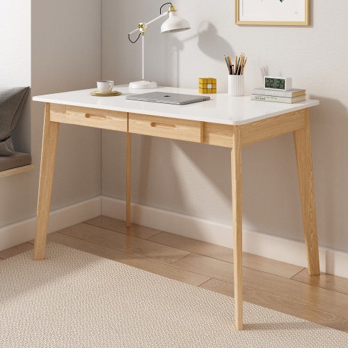 Famapy – Bureau blanc avec deux tiroirs, table de bureau moderne pour la maison, pattes en bois naturel