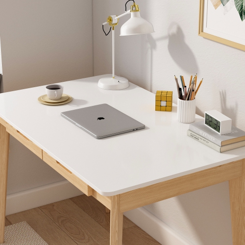 Famapy – Bureau blanc avec deux tiroirs, table de bureau moderne pour la maison, pattes en bois naturel