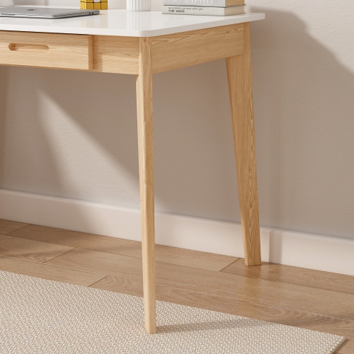 Famapy – Bureau blanc avec deux tiroirs, table de bureau moderne pour la maison, pattes en bois naturel