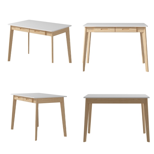 Famapy – Bureau blanc avec deux tiroirs, table de bureau moderne pour la maison, pattes en bois naturel