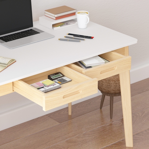 Famapy – Bureau blanc avec deux tiroirs, table de bureau moderne pour la maison, pattes en bois naturel