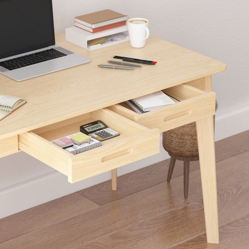 Famapy Natural Wood Writing Desk with Two Drawers, Modern Home Office Table, Natural Wood