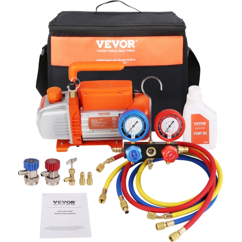 VEVOR  1/4 HP 4 Cfm Ac Vacuum Pump And Gauge Set, Single Stage Rotary Vane Hvac Air Vacuum Pump A/c Refrigerant Kit Manifold Gauge Set, \w Hose Carry