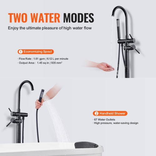 VEVOR Freestanding Bathtub Faucet, Floor Mount, Freestanding Tub Filler, Shower Mixer Taps, Two Water Modes, 360° Swivel Spout, for Bathing &