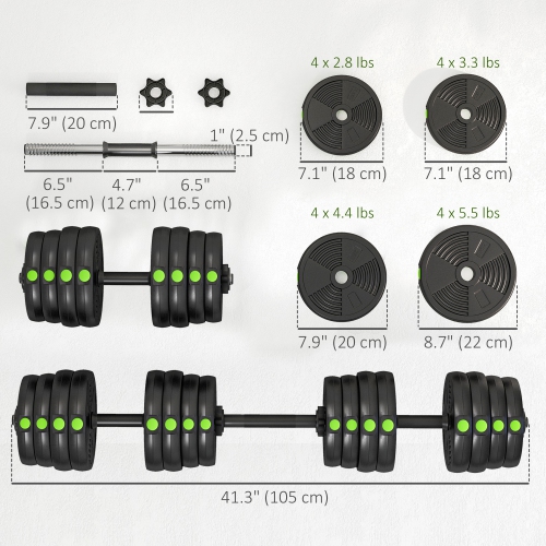 Ensemble d'haltères et d'haltères réglables 2-en-1 de Soozier, ensemble de poids gratuits avec poignées antidérapantes pour entraînement à domicile