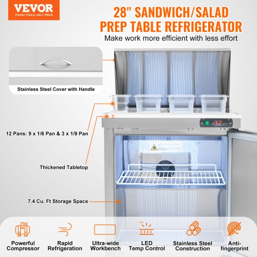 VEVOR 28" Commercial Refrigerator Sandwich & Salad Prep Table, 7.4 Cu. Ft Stainless Steel Refrigerated Food Prep Station with 12 Pans, Cut Board,