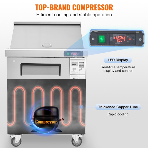 VEVOR 28" Commercial Refrigerator Sandwich & Salad Prep Table, 7.4 Cu. Ft Stainless Steel Refrigerated Food Prep Station with 12 Pans, Cut Board,