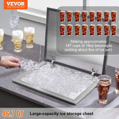 VEVOR 20"L x 16"W x 13"H Drop in Ice Chest, Stainless Steel Ice Cooler, Commercial Ice Bin with Hinged Cover, 40 qt Outdoor Kitchen Ice Bar,
