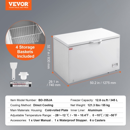 VEVOR 12.8 cu.ft / 345 L Chest Freezer,Large Deep Freezer & 4 Removable Baskets,Freestanding Top Open Door Commercial Chest Freezers,7-Level