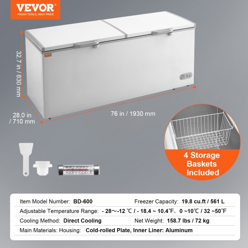 VEVOR 19.8 cu.ft / 561 L Chest Freezer, Large Deep Freezer with Split , Freestanding Commercial Chest Freezer & 4 Removable Baskets, 7-Level