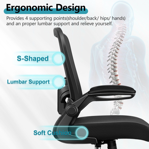 Coolse Ergonomic Office Chair with Adjustable Lumbar Support, High Back Mesh Desk Chair, Flip-Up Armrests, Swivel Rolling Computer Chair for Home