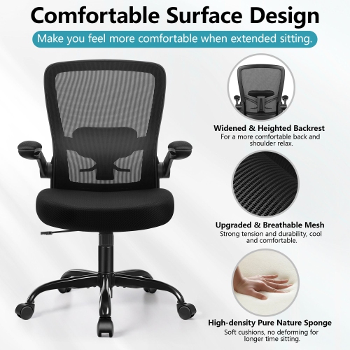 Coolse Ergonomic Office Chair with Adjustable Lumbar Support, High Back Mesh Desk Chair, Flip-Up Armrests, Swivel Rolling Computer Chair for Home