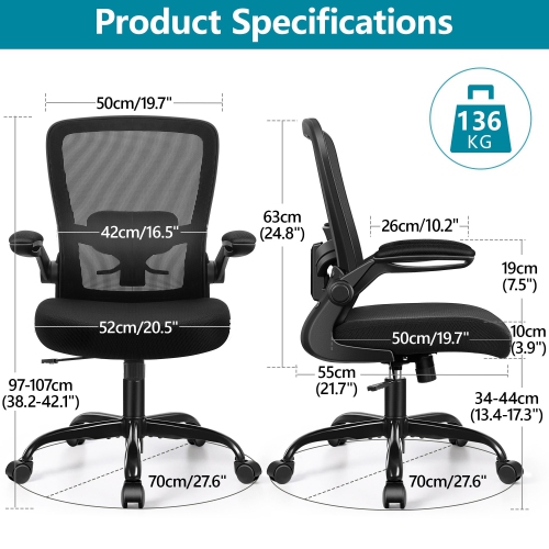 Coolse Ergonomic Office Chair with Adjustable Lumbar Support, High Back Mesh Desk Chair, Flip-Up Armrests, Swivel Rolling Computer Chair for Home