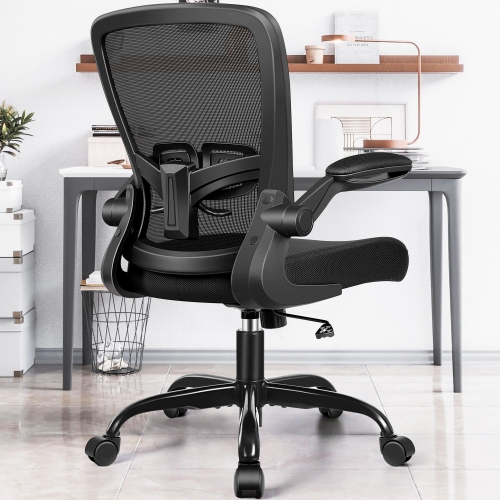 Coolse Ergonomic Office Chair - Adjustable Lumbar Support, Height & 90° Flip-Up Arms, 360° Swivel Mesh Chair for Home/Office