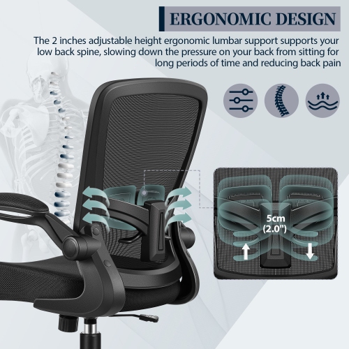 Coolse Ergonomic Office Chair - Adjustable Lumbar Support, Height & 90° Flip-Up Arms, 360° Swivel Mesh Chair for Home/Office
