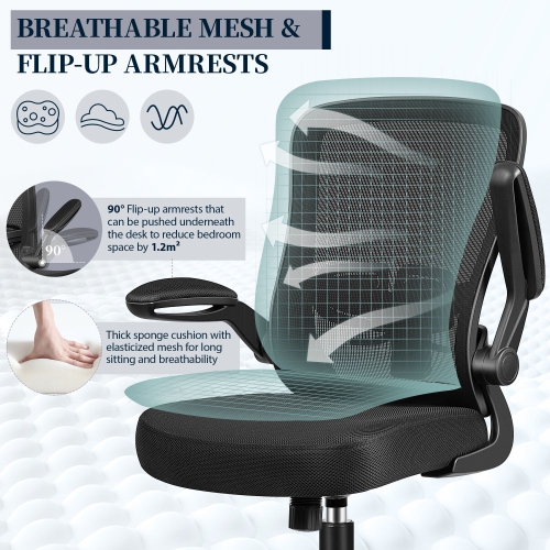Coolse Ergonomic Office Chair - Adjustable Lumbar Support, Height & 90° Flip-Up Arms, 360° Swivel Mesh Chair for Home/Office