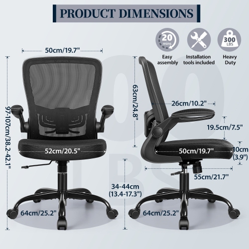 Coolse Ergonomic Office Chair - Adjustable Lumbar Support, Height & 90° Flip-Up Arms, 360° Swivel Mesh Chair for Home/Office