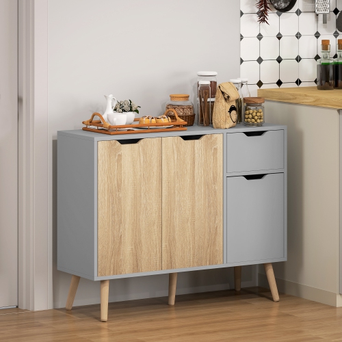 HOMCOM 35" Sideboard, Floor Standing Storage Cabinet with Drawer and Solid Wood Legs, Grey and Nature Wood