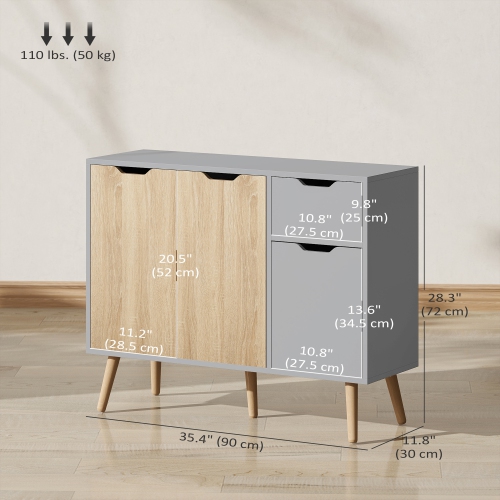 HOMCOM 35" Sideboard, Floor Standing Storage Cabinet with Drawer and Solid Wood Legs, Grey and Nature Wood