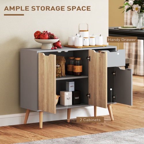 HOMCOM 35" Sideboard, Floor Standing Storage Cabinet with Drawer and Solid Wood Legs, Grey and Nature Wood
