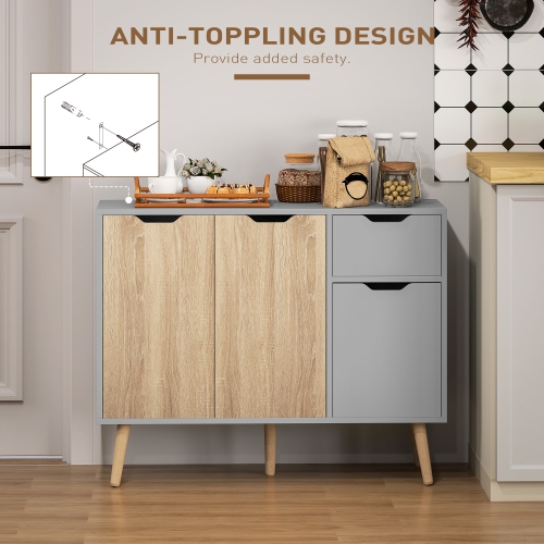 HOMCOM 35" Sideboard, Floor Standing Storage Cabinet with Drawer and Solid Wood Legs, Grey and Nature Wood