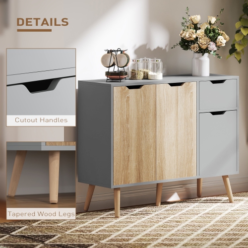 HOMCOM 35" Sideboard, Floor Standing Storage Cabinet with Drawer and Solid Wood Legs, Grey and Nature Wood