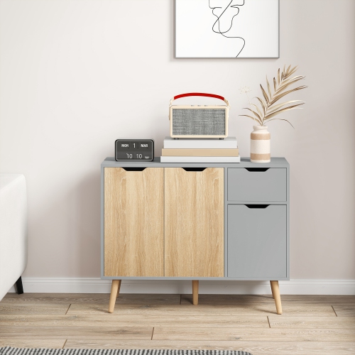 HOMCOM 35" Sideboard, Floor Standing Storage Cabinet with Drawer and Solid Wood Legs, Grey and Nature Wood