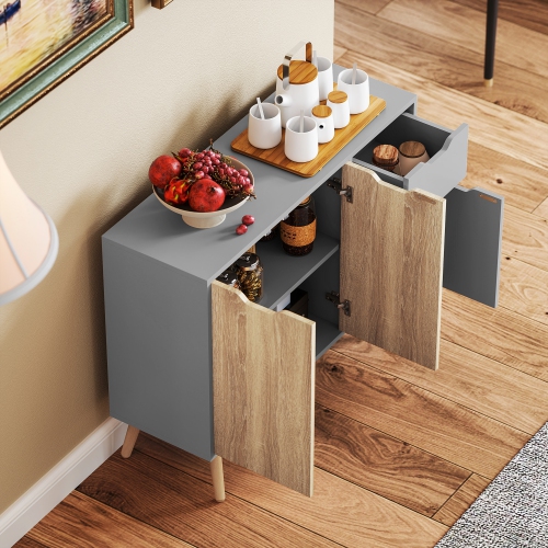 HOMCOM 35" Sideboard, Floor Standing Storage Cabinet with Drawer and Solid Wood Legs, Grey and Nature Wood