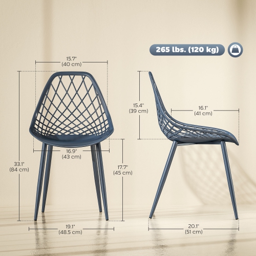 HOMCOM Plastic Dining Chairs Set of 4, Modern Kitchen Chairs with Hollow Backrest and Metal Legs for Living Room, Dining Room, Home Office, Blue