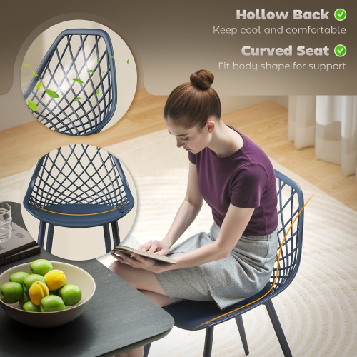 HOMCOM Plastic Dining Chairs Set of 4, Modern Kitchen Chairs with Hollow Backrest and Metal Legs for Living Room, Dining Room, Home Office, Blue