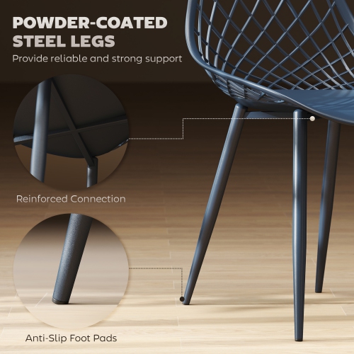 HOMCOM Plastic Dining Chairs Set of 4, Modern Kitchen Chairs with Hollow Backrest and Metal Legs for Living Room, Dining Room, Home Office, Blue