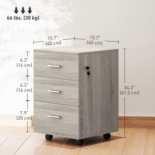 Vinsetto Small File Cabinet with 3 Drawers and Lock, Mobile Vertical Filing Cabinet with Wheels, Under Desk Office Drawer, 15.7" x 15.7" x 24.2",