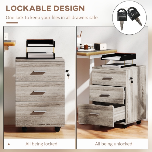 Vinsetto Small File Cabinet with 3 Drawers and Lock, Mobile Vertical Filing Cabinet with Wheels, Under Desk Office Drawer, 15.7" x 15.7" x 24.2",