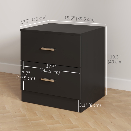 HOMCOM Bedside Table with 2 Drawers, Modern Nightstand, Cabinet Drawer Side Storage Unit for Bedroom, Black