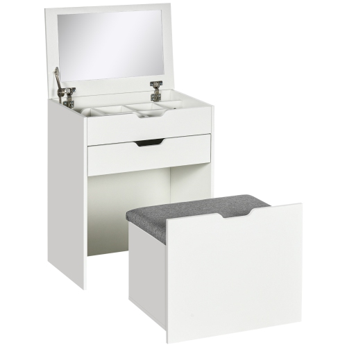 HOMCOM Makeup Vanity Desk with Flip Top Mirror and Cushioned Stool, Dressing Table with Storage Drawer and 7 Compartments for Bedroom, White