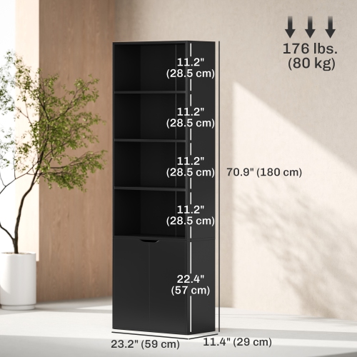 HOMCOM 4-Tier Bookcase, Tall Storage Bookshelf with Double Door Cabinet, Modern Display Shelves for Home Office, Living Room, Bathroom, Study, Black