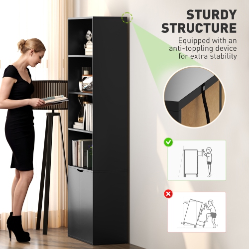 HOMCOM 4-Tier Bookcase, Tall Storage Bookshelf with Double Door Cabinet, Modern Display Shelves for Home Office, Living Room, Bathroom, Study, Black