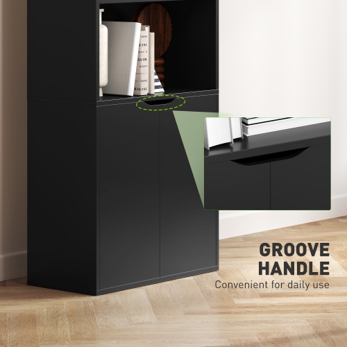 HOMCOM 4-Tier Bookcase, Tall Storage Bookshelf with Double Door Cabinet, Modern Display Shelves for Home Office, Living Room, Bathroom, Study, Black