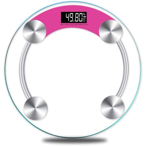 Weight scale, home electronic scale, high-precision measurement, 4 mm tempered glass, diameter 28 cm, LCD backlight display, 180 kg, pink