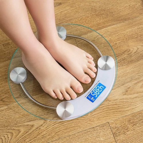 Weight scale, home electronic scale, high-precision measurement, 5 mm tempered glass, diameter 33 cm, LCD backlight display, 180 kg, white