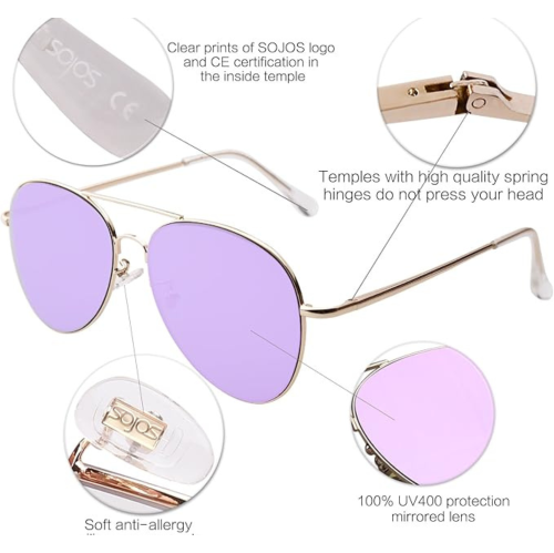 Classic Aviator Sunglasses for Women Men Metal Frame Spring Hinges SJ1030,