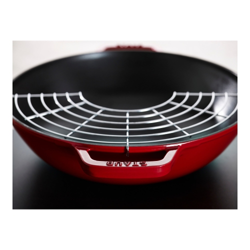 STAUB Specialities 30 cm / 12 inch Cast Iron Wok With Glass Lid, Cherry