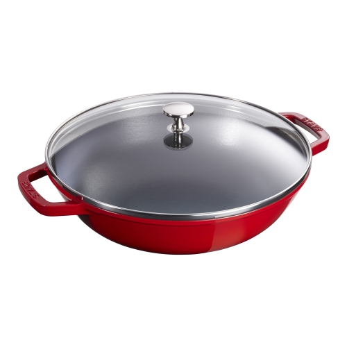 STAUB Specialities 30 cm / 12 inch Cast Iron Wok With Glass Lid, Cherry