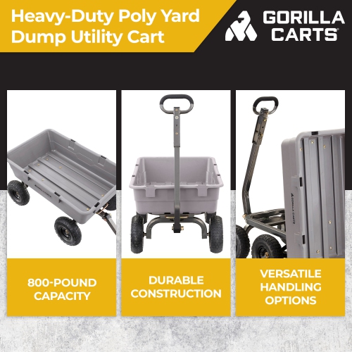 Gorilla Carts 800 Pound Capacity Heavy Duty Poly Yard Dump Utility Cart, Gray