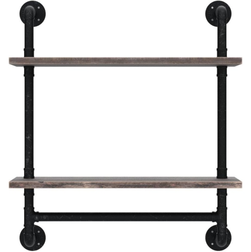 FODUE Industrial Pipe Shelf, Rustic Wall Shelf with Towel Bar,24" Towel Racks for Bathroom,2-Layer Pipe Shelves Wood Shelf Shelving Rustic
