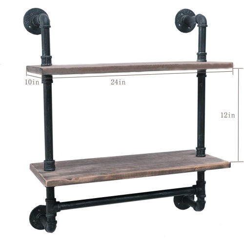 FODUE Industrial Pipe Shelf, Rustic Wall Shelf with Towel Bar,24" Towel Racks for Bathroom,2-Layer Pipe Shelves Wood Shelf Shelving Rustic